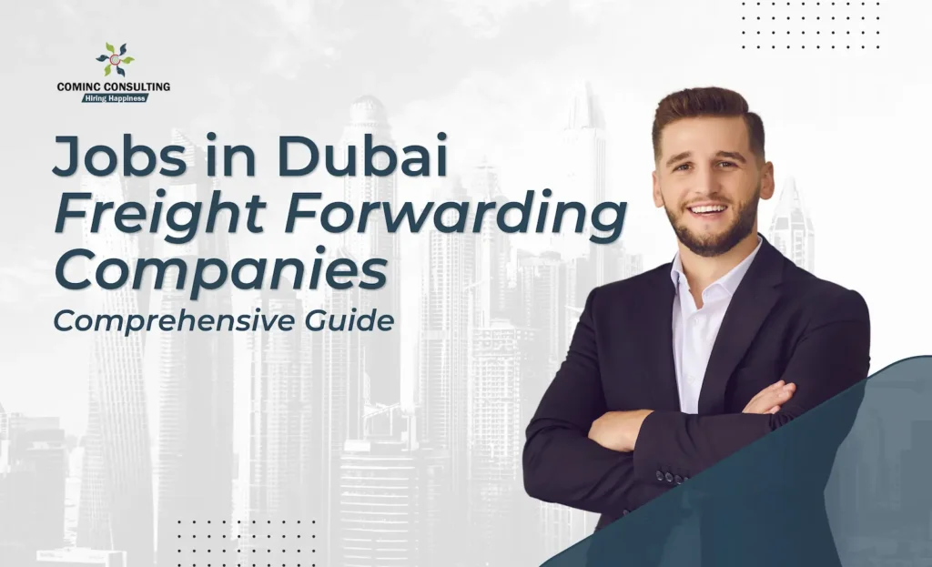 A bustling freight forwarding company in Dubai with cargo containers and logistics professionals.