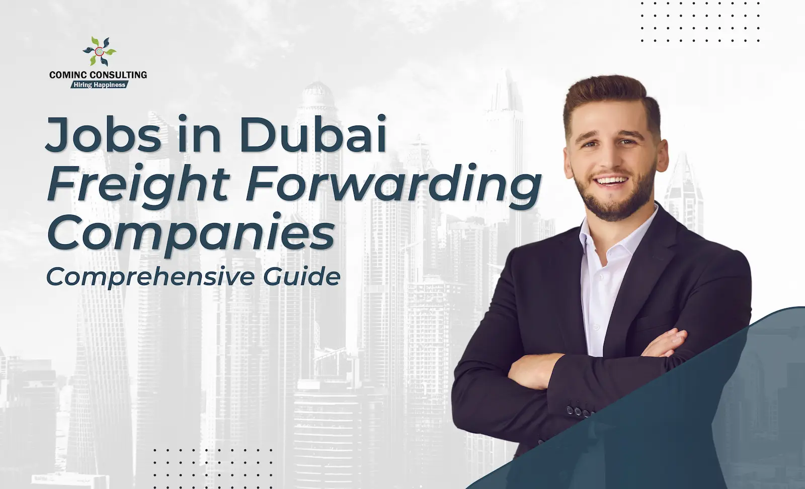 A bustling freight forwarding company in Dubai with cargo containers and logistics professionals.
